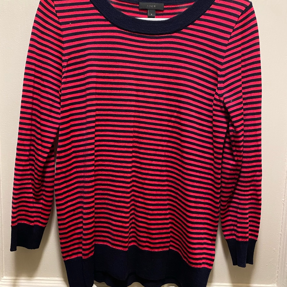 J. Crew Red and Black Striped Crew Neck Sweater
